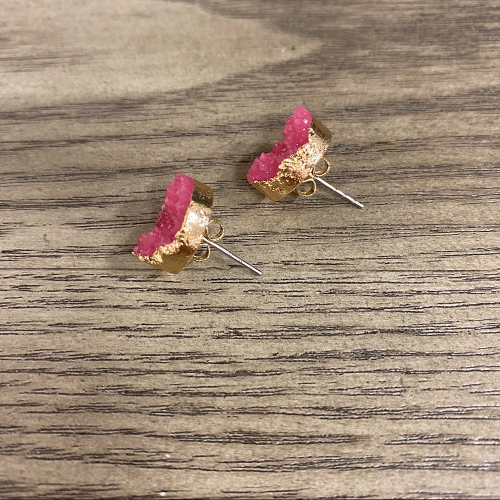 Anthropologie Hot Pink Druzy Quartz Stud Earrings - Picture 2 of 4